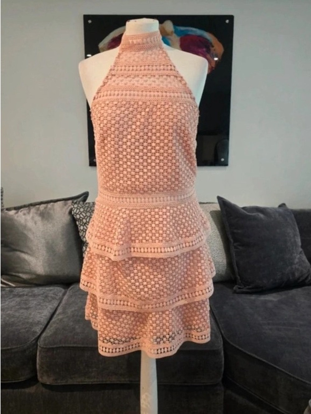 Halter Tiered Crochet Maxi Dress in Blush